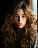 a beautiful young woman with long curly hair generative ai photo