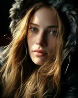 a beautiful young woman with long hair in a hooded jacket generative ai photo