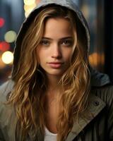 a beautiful young woman with long hair in a hooded jacket generative ai photo