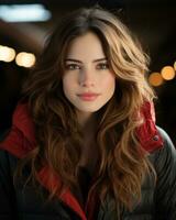 a beautiful young woman with long wavy hair and a red jacket generative ai photo