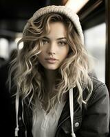 a beautiful young woman with long wavy hair and a beanie generative ai photo
