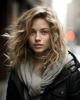 a beautiful young woman with long wavy hair generative ai photo