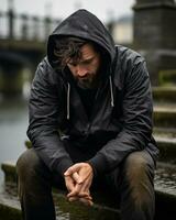 a man in a black hoodie sitting on the steps of a bridge generative ai photo