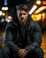 a man in a black jacket sitting on the street at night generative ai photo