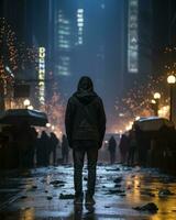 a man in a hooded jacket standing in the middle of a city street at night generative ai photo