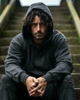 a man in a hoodie sitting on some stairs generative ai photo