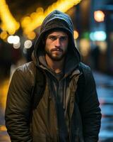 a man in a hooded jacket standing on the street at night generative ai photo