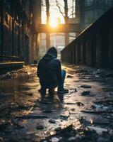a man in a hoodie sitting on the ground in an alley generative ai photo