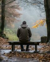 a man sits alone on a bench in the woods generative ai photo