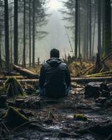 a man sitting alone in the middle of a forest generative ai photo