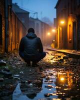 a man sitting in the middle of an alley at night generative ai photo