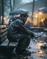 a man sitting on a bench in the rain generative ai photo