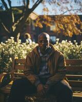 a man sitting on a wooden bench generative ai photo