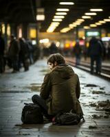 a man sitting on the ground at a train station generative ai photo