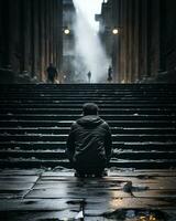 a man sitting on the steps of an old building generative ai photo