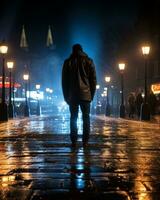 a man standing alone on a wet street at night generative ai photo