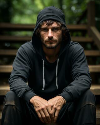 a man wearing a black hoodie sitting on some stairs generative ai