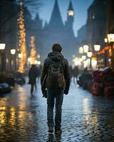 a man with a backpack walking down a street at night generative ai photo