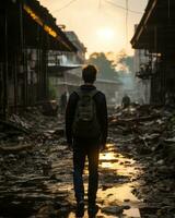 a man with a backpack walking through a dirty street at sunset generative ai photo