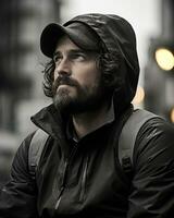 a man with a beard and a hooded jacket generative ai photo