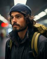 a man with a beard and backpack standing in a subway station generative ai photo