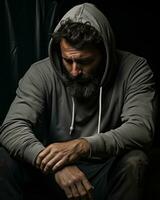 a man with a beard and hoodie sitting on the ground generative ai photo