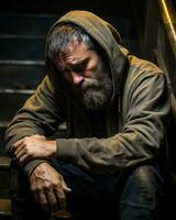 a man with a beard and hoodie sitting on the stairs generative ai photo