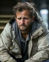 a man with a beard and jacket sitting on steps generative ai photo