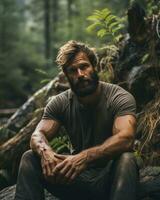 a man with a beard sitting on a log in the woods generative ai photo