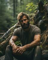 un hombre con un barba sentado en un Iniciar sesión en el bosque generativo ai foto