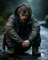 a man with a hooded jacket sitting on the ground in the rain generative ai photo