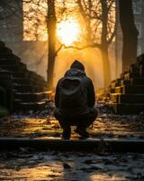 a person kneeling down on the ground in front of some steps generative ai photo