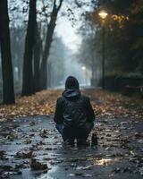 a person in a hooded jacket sitting on the ground in the middle of a park generative ai photo