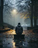 un persona sentado solo en un banco en un parque a noche generativo ai foto