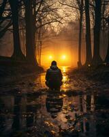 un persona sentado en el medio de un mojado bosque a puesta de sol generativo ai foto