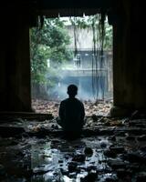 a person sitting in the middle of an abandoned building generative ai photo