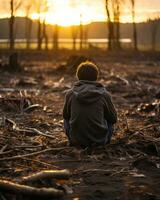 a person sitting in the middle of a field at sunset generative ai photo