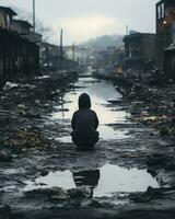 a person sitting in the middle of a dirty street generative ai photo