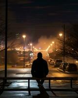 a person sitting on a bench at night generative ai photo