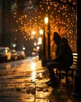a person sitting on a bench in the rain generative ai photo