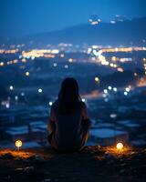 a person sitting on a hill overlooking a city at night generative ai photo