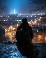 un persona sentado en un repisa con vista a un ciudad a noche generativo ai foto