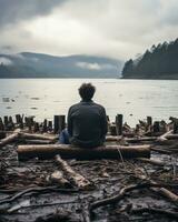 a person sitting on a log in front of a body of water generative ai photo