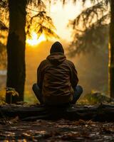 a person sitting on a log in the woods at sunset generative ai photo