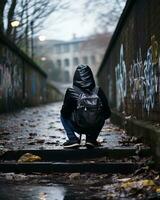 a person sitting on steps with a backpack generative ai photo