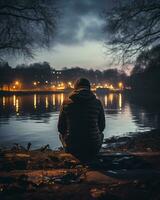 a person sitting on the edge of a lake at night generative ai photo