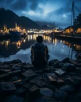 a person sitting on the edge of a dock at night generative ai photo