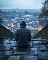 a person sitting on the edge of a stone wall with a city in the background generative ai photo