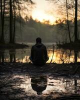 a person sitting on the edge of a lake at sunset generative ai photo