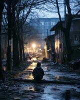 a person sitting on the ground in the middle of a wet street generative ai photo